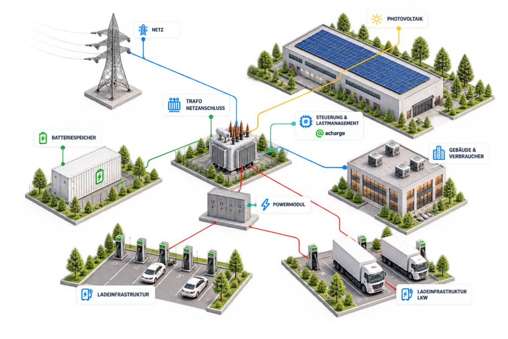 Energieinfrastruktur mit Netzanschluss, Photovoltaik, Speicher und Ladeinfrastruktur